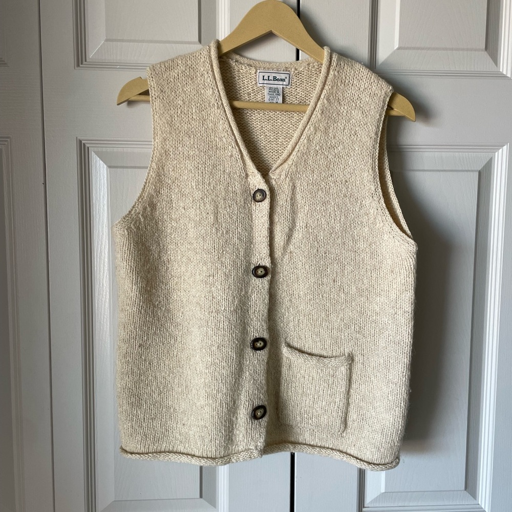 L.L. Bean Cream Knit Button-Front Wool Vest